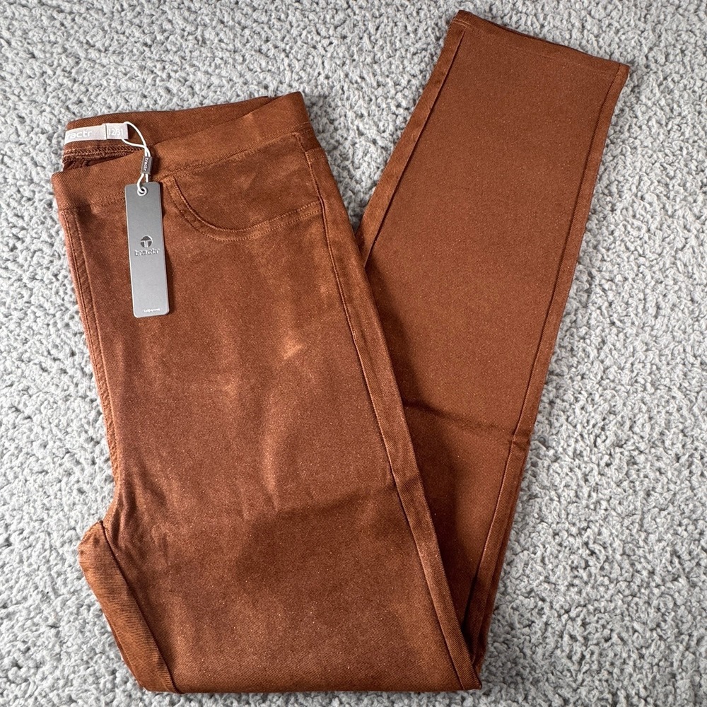 Tractr High Rise Camel Shimmer Coated Pull On Elastic Waist Pant Sz 12/31‎ NWT